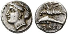COINS OF THE GREEK WORLD PAPHLAGONIA Sinope Drachm 330/300. Magistrate Dion. Head of Nymph Sinope to l. wearing triple pendant earring and pearl necklace. Rev. Eagle over dolphin to l. ΔIO on upper r.