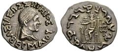COINS OF THE GREEK WORLD INDO-GREEK KINGS Hermaios, 75-55. Tetradrachm 75/55. Tetradrachm. Posthumous issue. BAΣIΛEΩΣ ΣOTHΡOΣ EΡMAIOΥ Draped bust with diadem to r. Rev:"Maharajasa tratarasa Hermayasa"