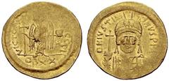 BYZANTINE EMPIRE Justinianus I, 527-565. Solidus (20 Siliquae) after 542, Constantinopolis. Officina I. Helmeted and cuirassed bust facing, holding globe cruciger in r. hand, shield with horseman moti