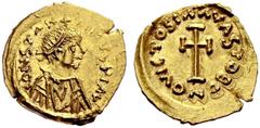 BYZANTINE EMPIRE Constans II, 641-668. Tremissis n. d. (652/654), undetermined mint. CONSTAN - TINVS P I AV Draped, cuirassed bust with diadem to r. V on breast. Rev. VICTOSIA AVAST Cross potent. ONOB