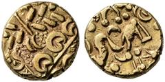 CELTIC COINAGE BRITANNIA Corieltauvi Gold stater 60/50 BC. North east coast type. Wreath motif with leaves facing inwards, tiny pellets in fields r. (sometimes described as head of Apollo with laurel 