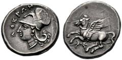 COINS OF THE GREEK WORLD BRUTTIUM Locri Corinthian stater 317/310. LOKRWN, head of Athena to l. wearing Corinthian helmet and pearl necklace. Rev. Pegasus flying to l., thunderbolt below. 8.61 g. Calc