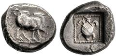 COINS OF THE GREEK WORLD LYCIA Dynasts of Lycia Uncertain dynast. Stater c. 490-430. Boar standing to r. on dotted line. Rev. Tortoise in dotted square border within incuse square. 9.26 g. SNG Copenha
