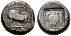 COINS OF THE GREEK WORLD LYCIA Dynasts of Lycia Stater c. 490-430. Boar in dotted circle standing to r. on dotted line. Rev. Tortoise in dotted square border within incuse square. 9.22 g. SNG Copenhag