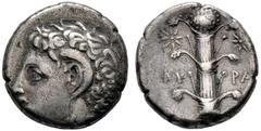 COINS OF THE GREEK WORLD CYRENAICA Cyrene Didrachm c. 308/277. Head of Karneios to l. Rev. KY - PA Silphium plant; star at left and at right. 7.55 g. SNG Cop. 1237. BMC Cyrenaica pg. 52, 237. Tight fl