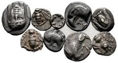 COINS OF THE GREEK WORLD LOTS Interesting lot of 9 very small silver fractions: Cebren , Obol. Cyme , Hemiobol. Colophon , Hemiobol and Tetartemorion. Ephesus , Tetartemorion (3). Teos . Tetartemorion