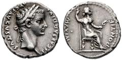 ROMAN EMPIRE Tiberius, 14-37 Denarius 36/37, Lugdunum. TI CAESAR DIVI - AVG F AVGVSTVS Laureate bust to r. Rev. PONTIF MAXIM Livia (as Pax) seated to r. on throne with ornate legs, holding long sceptr