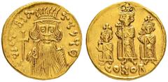 CONSTANS II WITH CONSTANTINUS IV, HERACLIUS AND TIBERIUS Mint of Constantinopolis Solidus 667/668. Officina Θ. Obv. VICTORIA AVζ× Θ Bust of Constans with long beard, plumed helmet without cross and in