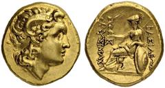 COINS OF THE GREEK WORLD KINGS OF THRACE. Lysimachus, 323-281. Gold stater 323/281, Pergamon (?). Obv. Diademed head right of deified Alexander with horn of Ammon to r. Rev. ΒΑΣΙΛΕΩΣ - ΛΥΣΙΜΛΧΟΥ Athen