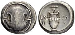COINS OF THE GREEK WORLD BOEOTIA. Thebes. Stater 363/338. Eu(w)ara, magistrate. Obv. Boeotian shield. Rev. Amphora; club and grape bunch on vine above, EY-FA/ P-A in two lines across field. 12.20 g. H