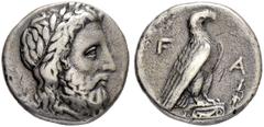 COINS OF THE GREEK WORLD ELIS. Olympia. Stater 348. For the 108th Olympiad. Obv. Laureate head of Zeus to r. Rev. F-A Eagle, with folded wings, standing to r. on Ionic column capital; in field to r., 