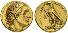 COINS OF THE GREEK WORLD PTOLEMAIC KINGDOM. Ptolemy I Soter, 323-284. Gold Pentadrachm Alexandria. Dies by artist Δ. Obv. Diademed head of Ptolemy I to r. wearing aegis. In tiny form the letter Δ behi