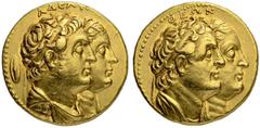 COINS OF THE GREEK WORLD PTOLEMAIC KINGDOM. Ptolemy II, 285-246. Gold octodrachm (Mnaieion) after 265, Alexandria. With Arsinoe II, Ptolemy I, and Berenice I. Obv. ΑΔΕΛΦΩΝ Jugate busts of Ptolemy II, 