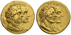 COINS OF THE GREEK WORLD PTOLEMAIC KINGDOM. Ptolemy II, 285-246. Gold tetradrachm (1/2 Mnaieion) 261, Alexandria. With Arsinoe II, Ptolemy and Berenice I. Dated year 10 (261 BC). Obv. Jugate busts of 
