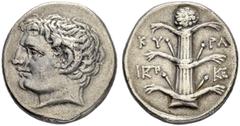 COINS OF THE GREEK WORLD CYRENAICA. Cyrene. Didrachm 300/298. Obv. Head of young Apollo Carneios with ram's horn to l. Rev. KY - PA Silphium plant. Monogram on l. and r. 7.53 g. BMC 250, Pl. 23, 12. D