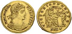 ROMAN EMPIRE Constantius II., 337-361. Solidus 337/340, Siscia. Obv. FL IVL CONSTAN - TIVS P F AVG Rosette diademed, draped and cuirassed bust of Constantius to r. Rev. VICTORIA D D N N AVG Victory se