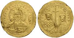 BYZANTINE EMPIRE Basil II, 976-1025, with Constantinus VIII. Solidus 1005/1025, Constantinopolis. Obv. Nimbate facing bust of Christ wearing pallium and colobium; raising r. hand in benediction, Book 