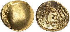 CELTIC COINAGE. BELGICA. Gold stater 60/50 BC. Blank bulge. Rv. Stylized horse between pellets and crescents. 6.10 g. Delestrée/Tache. Scheers 154. De la Tour 8710. SCBC 11. Extremely fine. (~€ 525/US