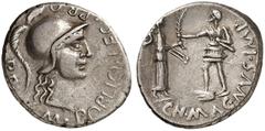 ROMAN REPUBLIC. Cn. Pompeius Magnus with M. Poblicius, legatus pro praetore, 46-45 BC. Denarius 46/45 BC, Colonia Patricia (Cordoba). M.POBLICI.LEG.PRO. - PR Helmeted head of Roma to right. Rv. CN.MAG