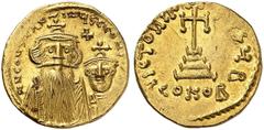 BYZANTINE EMPIRE. Constans II, 641-668, with Constantinus IV. Solidus c. 654-659, Constantinople. d N CONSTANTINЧS C CO[NSTATI] Crowned and draped bust of Constans II facing, with long beard and whisk