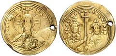 BYZANTINE EMPIRE. Basil II, 976-1025, with Constantinus VIII. Histamenon 977, Constantinople. +IhS XIS RЄX RЄGNANTIhm Bust of Christ Pantokrator facing, with cross nimbus, holding book of Gospels in h