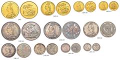 GROSSBRITANNIEN. Königreich. Victoria, 1837-1901. Specimen Set 1887, London. Jubilee Coinage. Gold 5 Pounds, 2 Pounds, Sovereign und 1/2 Sovereign. Silver Crown, Double Florin, Halfcrown, Florin, Shil