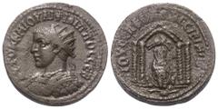 Roman Provincial Mesopotamien. Nisibis. Philippus II. (247 - 249 n. Chr.). Bronze. Vs: Büste mit Strahlenkrone und Panzer links. Rs: Viersäuliger Tempel, darin Tyche en face sitzend, über ihr Widder n