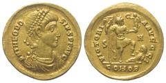 Roman Imperial Coinage Theodosius I. (379 - 395 n. Chr.). Solidus (Gold). 393 - 395 n. Chr. Sirmium. Vs: D N THEODOSIVS P F AVG. Büste mit Perldiadem, Paludament und Panzer rechts. Rs: VICTORIA AVGGG 