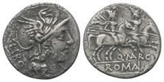 Roman Republican Q. Marcius Libo. Denar (Silber). 148 v. Chr. Rom. Vs: LIBO. Kopf der Roma mit geflügeltem Helm rechts, davor Wertzeichen. Rs: Q MARC / ROMA. Die Dioscuren mit eingelegten Lanzen zu Pf