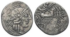 Roman Republican M. Papirius Carbo. Denar (Silber). 121 v. Chr. Rom. Vs: Kopf der Roma mit geflügeltem Helm rechts, dahinter Wertzeichen. Rs: CARB / ROMA. Jupiter mit Szepter und Blitzbündel in galopp