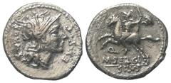 Roman Republican M. Sergius Silus. Denar (Silber). 116 oder 115 v. Chr. Rom. Vs: ROMA EX S C. Kopf der Roma mit geflügeltem Greifenkopfhelm rechts, dahinter Wertzeichen. Rs: M SERGI / SILVS. Reiter mi