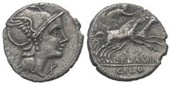 Roman Republican L. Flaminius Chilo. Denar (Silber). 109 oder 108 v. Chr. Rom. Vs: ROMA. Kopf der Roma mit geflügeltem Helm rechts, davor Wertzeichen. Rs: L FLAMINI / CILO. Victoria mit Kranz in galop