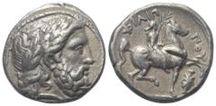 Greek Königreich Makedonien. Philippos II. (359 - 336 v. Chr.). Tetradrachme (Silber). Ca. 323 - 315 v. Chr. Amphipolis. Vs: Kopf des Zeus mit Lorbeerkranz rechts. Rs: Jugendlicher Reiter zu Pferde na