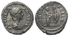 Roman Imperial Coinage Plautilla (gest. 211 n. Chr.). Denar (Silber). 202 n. Chr. Rom. Vs: PLAVTILLA AVGVSTA. Drapierte Büste rechts. Rs: CONCORDIA FELIX. Plautilla und Caracalla stehen einander gegen