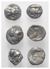 Lots - Ancient Coins Griechische Münzen - Lots. Unter anderem: Athen (Attika) / Ungesichterte Münzstätte (Kleinasien) / Kyzikos (Mysien) / Klazomenai (Ionien). Lot (6 Stück, Silber): Hemiobol; ca. 5. 