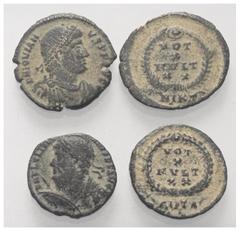 Lots - Ancient Coins Römische Münzen - Lots. Kaiserzeit. Lot (4 Stück, Kupfer): Folles des Iulianus II. Apostata (360 - 363 n. Chr.) und Iovianus (363 - 364 n. Chr.). Patina, sehr schön. Verkauft wie 