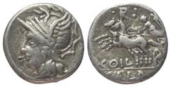 Roman Republican C. Coelius Caldus. Denar (Silber). 104 v. Chr. Rom. Vs: Kopf der Roma mit geflügeltem Greifenkopfhelm links. Rs: C COIL / CALD. Victoria in galoppierender Biga nach links fahrend, dar