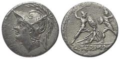 Roman Republican Q. Minucius Thermus. Denar (Silber). 103 v. Chr. Rom. Vs: Kopf des Mars mit federgeschmücktem Helm links. Rs: Q THERM M F. Römischer Soldat mit Schwert und Schild kämpft gegen barbari