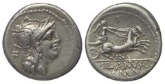 Roman Republican D. Iunius Silanus. Denar (Silber). 91 v. Chr. Rom. Vs: Kopf der Roma mit geflügeltem Helm rechts, dahinter Kontrollmarke. Rs: D SILANVS L F / ROMA. Victoria mit Zügeln in beiden Hände