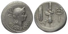 Roman Republican C. Norbanus. Denar (Silber). 83 v. Chr. Rom. Vs: C NORBANVS. Kopf der Venus mit Diadem rechts, dahinter Kontrollzeichen. Rs: Ähre, Liktorenbündel mit Axt und Caduceus nebeneinander. 1