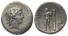Roman Republican L. Censorinus. Denar (Silber). 82 v. Chr. Rom. Vs: Kopf des Apollo mit Lorbeerkranz rechts. Rs: L CENSOR. Marsyas mit erhobener Rechter und geschultertem Weinschlauch nach links stehe