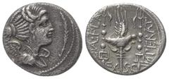 Roman Republican C. Valerius Flaccus. Denar (Silber). 82 v. Chr. Massalia. Vs: Drapierte Büste der Victoria rechts; davor Kontrollmarke. Rs: C VAL FLA / IMPERAT / EX - S C. Legionsadler zwischen zwei 
