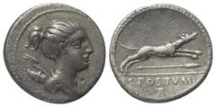 Roman Republican C. Postumius. Denar (Silber). 74 v. Chr. Rom. Vs: Drapierte Büste der Diana mit Bogen und Köcher über der Schulter rechts. Rs: C POSTVMI. Stilisierter Jagdhund nach rechts springend, 