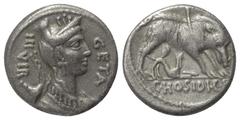 Roman Republican C. Hosidius Geta. Denar (Silber). 68 v. Chr. Rom. Vs: GETA / III VIR. Drapierte Büste der Diana mit Diadem, Bogen und Köcher links. Rs: C HOSIDI C F. Eber, von Jagdhund angefallen, mi