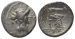 Roman Republican M. Porcius Cato. Denar (Silber). 47 - 46 v. Chr. Münzstätte in Nordafrika. Vs: [M. CATO. PRO. PR.} Kopf der Roma (?) rechts. Rs: VICTRIX. Victoria sitzt nach rechts, in der Linken Pal