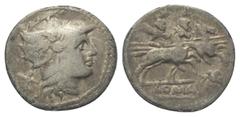 Roman Republican Anonyme Prägungen. Denar (Silber). Nach 211 v. Chr. Rom. Vs: Kopf der Roma mit geflügeltem Helm rechts, dahinter Wertzeichen. Rs: ROMA. Die Dioscuren mit eingelegten Lanzen zu Pferde 