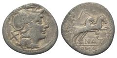 Roman Republican Pinarius Natta. Denar (Silber). 155 v. Chr. Rom. Vs: Kopf der Roma mit geflügeltem Helm rechts, dahinter Wertzeichen. Rs: NAT / ROMA. Victoria mit Peitsche in galoppierender Biga nach