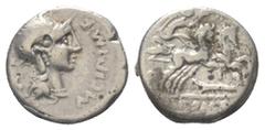 Roman Republican M. Cipius. Denar (Silber). 115 - 114 v. Chr. Rom. Vs: M CIPI M F. Kopf der Roma mit geflügeltem Helm rechts, dahinter Wertzeichen. Rs: ROMA. Victoria mit Palmzweig in galoppierender B