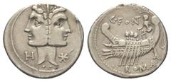 Roman Republican C. Fonteius. Denar (Silber). 114 oder 113 v. Chr. Rom. Vs: Belorbeerte Köpfe der Dioskuren in Gestalt eines Januskopfes. Links unten im Feld Kontrollmarke Q. Rechts unten im Feld Ster