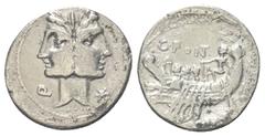 Roman Republican C. Fonteius. Denar (Silber). 114 oder 113 v. Chr. Rom. Vs: Belorbeerte Köpfe der Dioskuren in Gestalt eines Januskopfes. Links unten im Feld Kontrollmarke Q. Rechts unten im Feld Ster